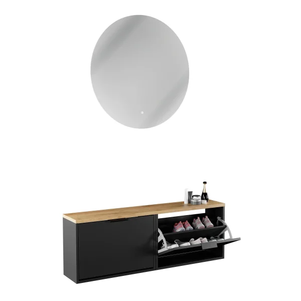 Scarpiera STIVIO con 2 ante a ribalta, nera, 60 cm; specchio rotondo a LED senza cornice, 80 cm (2 livelli di illuminazione)