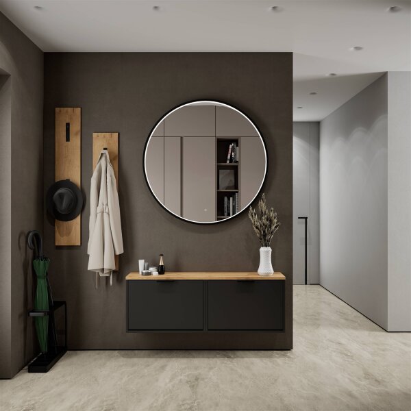 Schuhschrank STIVIO 2x 1 Klappe Schwarz 60 cm, LED Spiegel rund mit Rahmen 100 cm (3 Lichtstufen)