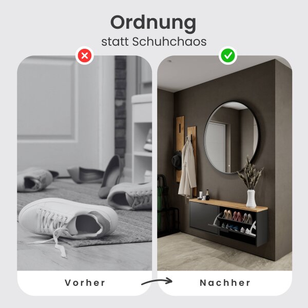 Schuhschrank STIVIO 2x 1 Klappe Schwarz 60 cm, LED Spiegel rund mit Rahmen 100 cm (3 Lichtstufen)