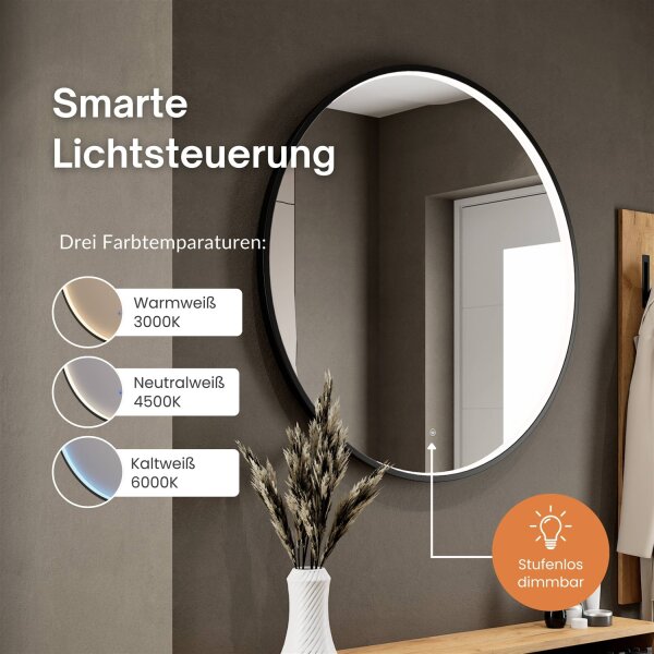 Schuhschrank STIVIO 2x 1 Klappe Schwarz 60 cm, LED Spiegel rund mit Rahmen 100 cm (3 Lichtstufen)