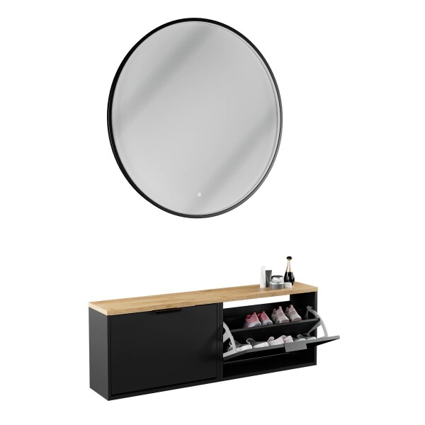 Schuhschrank STIVIO 2x 1 Klappe Schwarz 60 cm, LED Spiegel rund mit Rahmen 100 cm (3 Lichtstufen)