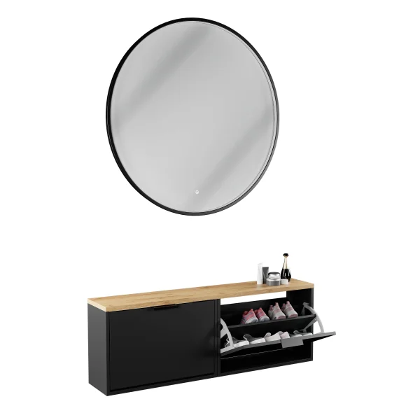 Scapolo per scarpe STIVIO 2x 1 anta, nero, 60 cm, specchio rotondo con cornice e illuminazione a LED, 100 cm (3 livelli di luminosità)