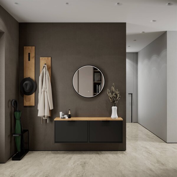 Schuhschrank STIVIO 2x 1 Klappe Schwarz 60 cm, LED Spiegel rund mit Rahmen 60 cm (3 Lichtstufen)