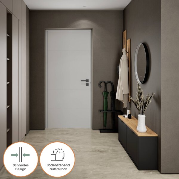 Schuhschrank STIVIO 2x 1 Klappe Schwarz 60 cm, LED Spiegel rund mit Rahmen 60 cm (3 Lichtstufen)