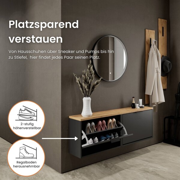 Schuhschrank STIVIO 2x 1 Klappe Schwarz 60 cm, LED Spiegel rund mit Rahmen 60 cm (3 Lichtstufen)