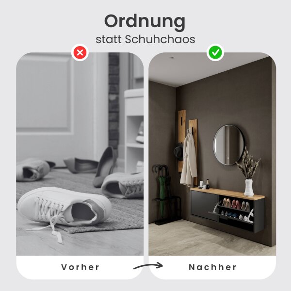 Schuhschrank STIVIO 2x 1 Klappe Schwarz 60 cm, LED Spiegel rund mit Rahmen 60 cm (3 Lichtstufen)