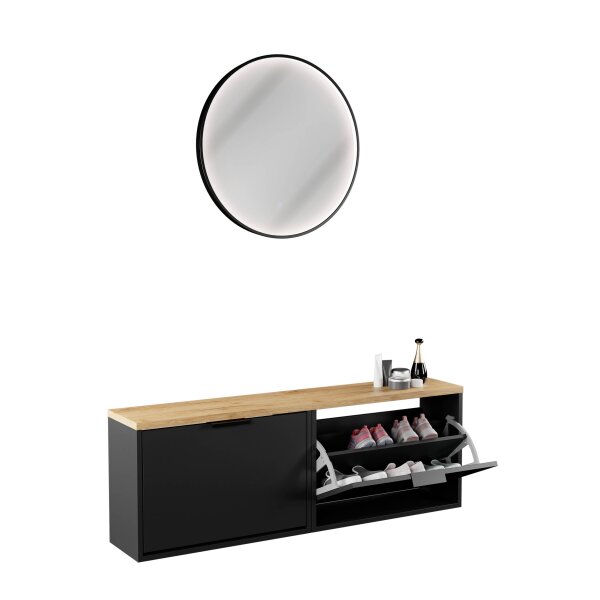 Schuhschrank STIVIO 2x 1 Klappe Schwarz 60 cm, LED Spiegel rund mit Rahmen 60 cm (3 Lichtstufen)