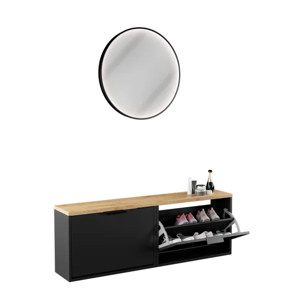 Scapolo per scarpe STIVIO 2x 1 anta, nero, 60 cm, specchio rotondo con cornice e illuminazione a LED, 60 cm (3 livelli di luminosità)