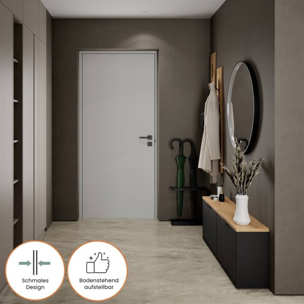 Schuhschrank STIVIO 2x 1 Klappe Schwarz 60 cm, LED Spiegel rund mit Rahmen 80 cm (3 Lichtstufen)