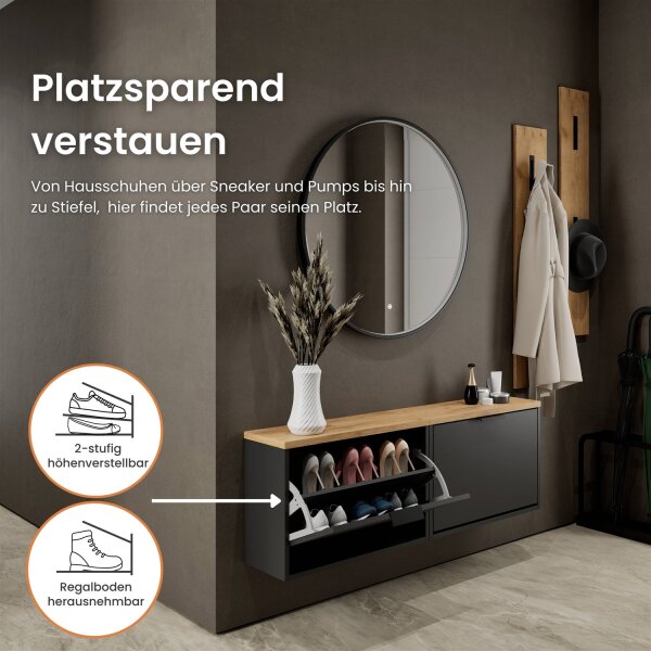 Schuhschrank STIVIO 2x 1 Klappe Schwarz 60 cm, LED Spiegel rund mit Rahmen 80 cm (3 Lichtstufen)