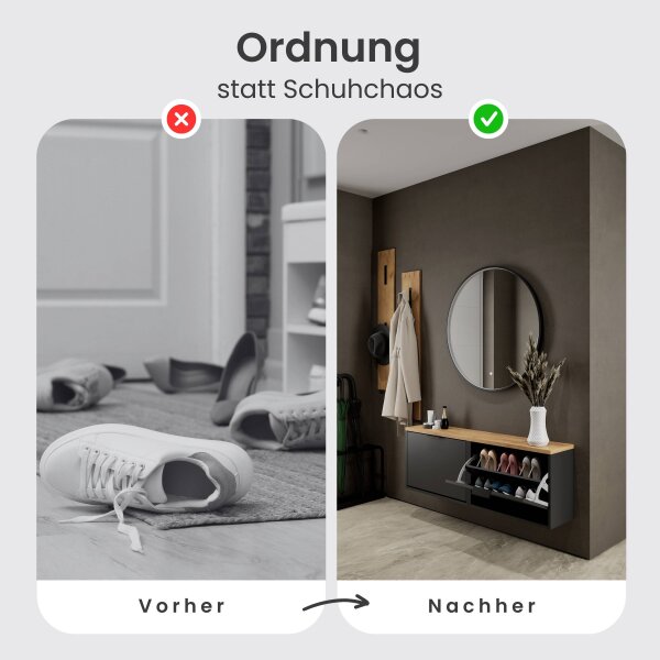 Schuhschrank STIVIO 2x 1 Klappe Schwarz 60 cm, LED Spiegel rund mit Rahmen 80 cm (3 Lichtstufen)