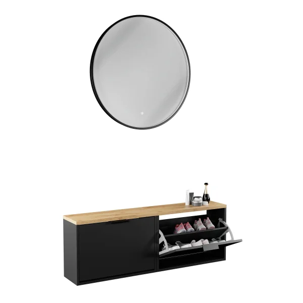 Armario para zapatos STIVIO, 2 puertas abatibles, negro, 60 cm; espejo redondo con LED y marco, 80 cm (3 intensidades de luz)