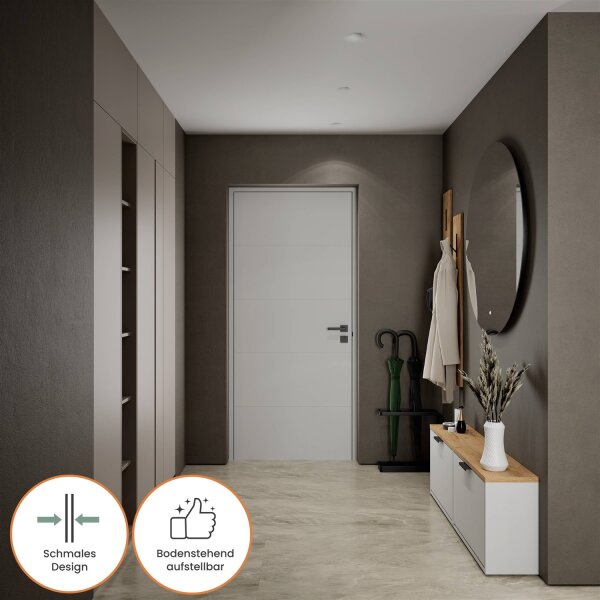 Schuhschrank STIVIO 2x 1 Klappe Weiß Grau  60 cm, LED Spiegel rund ohne Rahmen 100 cm (2 Lichtstufen)