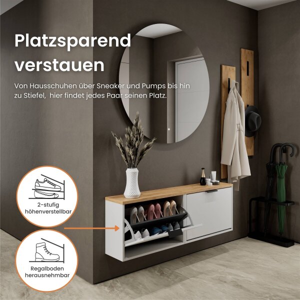 Schuhschrank STIVIO 2x 1 Klappe Weiß Grau  60 cm, LED Spiegel rund ohne Rahmen 100 cm (2 Lichtstufen)