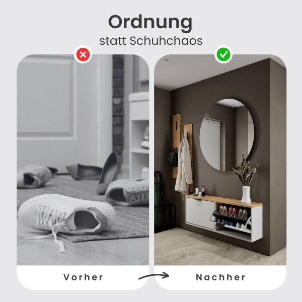 Schuhschrank STIVIO 2x 1 Klappe Weiß Grau  60 cm, LED Spiegel rund ohne Rahmen 100 cm (2 Lichtstufen)
