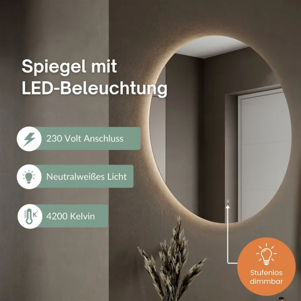 Armario para zapatos STIVIO, 2 puertas abatibles, blanco y gris, 60 cm; espejo redondo con LED sin marco, 100 cm (2 intensidades de luz)