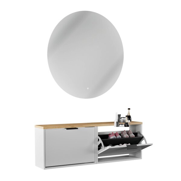 Schuhschrank STIVIO 2x 1 Klappe Weiß Grau  60 cm, LED Spiegel rund ohne Rahmen 100 cm (2 Lichtstufen)