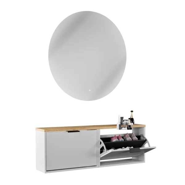 Armario para zapatos STIVIO, 2 puertas abatibles, blanco y gris, 60 cm; espejo redondo con LED sin marco, 100 cm (2 intensidades de luz)