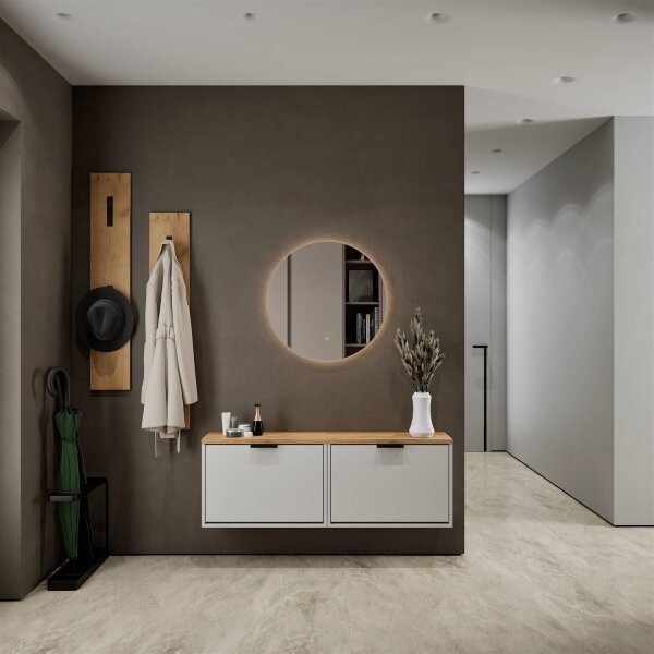 Schuhschrank STIVIO 2x 1 Klappe Weiß Grau 60 cm, LED Spiegel rund ohne Rahmen 60 cm (2 Lichtstufen)