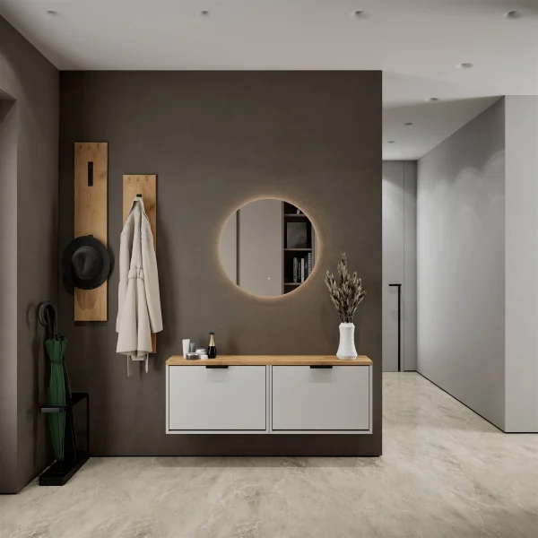 Meuble à chaussures STIVIO 2x 1 porte battante blanc-gris 60 cm, miroir rond sans cadre à LED 60 cm (2 intensités déclairage)