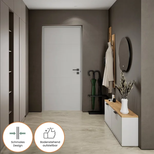 Meuble à chaussures STIVIO 2x 1 porte battante blanc-gris 60 cm, miroir rond sans cadre à LED 60 cm (2 intensités déclairage)