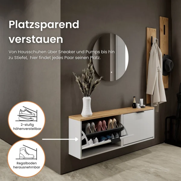 Meuble à chaussures STIVIO 2x 1 porte battante blanc-gris 60 cm, miroir rond sans cadre à LED 60 cm (2 intensités déclairage)