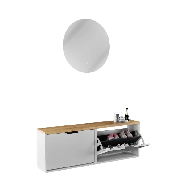Meuble à chaussures STIVIO 2x 1 porte battante blanc-gris 60 cm, miroir rond sans cadre à LED 60 cm (2 intensités déclairage)