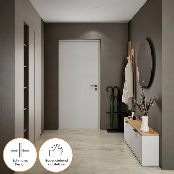 Meuble à chaussures STIVIO 2x 1 porte battante blanc-gris 60 cm, miroir rond sans cadre à LED 80 cm (2 intensités déclairage)