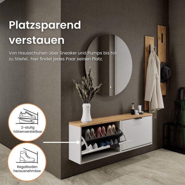 Schuhschrank STIVIO 2x 1 Klappe Weiß Grau 60 cm, LED Spiegel rund ohne Rahmen 80 cm (2 Lichtstufen)