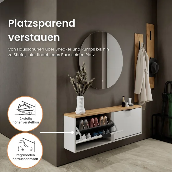 Meuble à chaussures STIVIO 2x 1 porte battante blanc-gris 60 cm, miroir rond sans cadre à LED 80 cm (2 intensités déclairage)