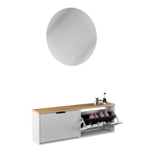 Schuhschrank STIVIO 2x 1 Klappe Weiß Grau 60 cm, LED Spiegel rund ohne Rahmen 80 cm (2 Lichtstufen)