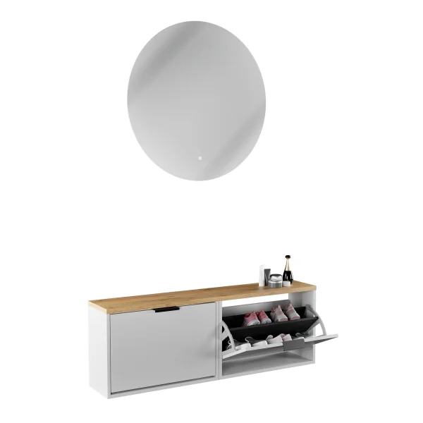 Meuble à chaussures STIVIO 2x 1 porte battante blanc-gris 60 cm, miroir rond sans cadre à LED 80 cm (2 intensités déclairage)