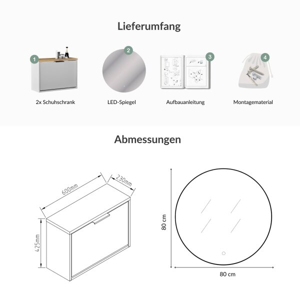 Schuhschrank STIVIO 2x 1 Klappe Weiß Grau 60 cm, LED Spiegel rund ohne Rahmen 80 cm (2 Lichtstufen)
