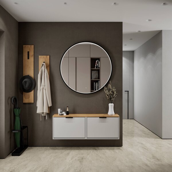 Schuhschrank STIVIO 2x 1 Klappe Weiß Grau 60 cm, LED Spiegel rund mit Rahmen 100 cm (3 Lichtstufen)