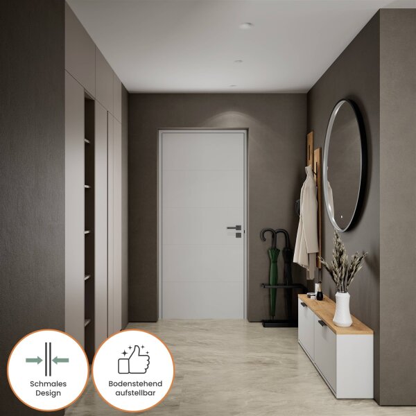 Schuhschrank STIVIO 2x 1 Klappe Weiß Grau 60 cm, LED Spiegel rund mit Rahmen 100 cm (3 Lichtstufen)