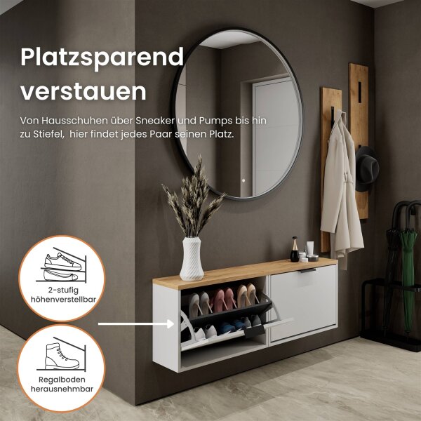 Schuhschrank STIVIO 2x 1 Klappe Weiß Grau 60 cm, LED Spiegel rund mit Rahmen 100 cm (3 Lichtstufen)