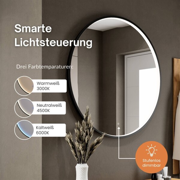 Schuhschrank STIVIO 2x 1 Klappe Weiß Grau 60 cm, LED Spiegel rund mit Rahmen 100 cm (3 Lichtstufen)