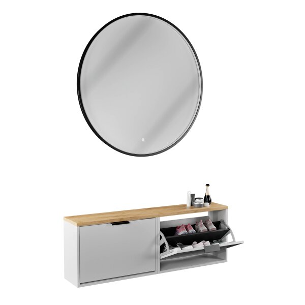 Schuhschrank STIVIO 2x 1 Klappe Weiß Grau 60 cm, LED Spiegel rund mit Rahmen 100 cm (3 Lichtstufen)