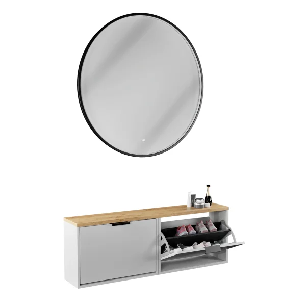 Armario para zapatos STIVIO, 2 puertas abatibles, blanco y gris, 60 cm; espejo redondo con LED y marco, 100 cm (3 intensidades de luz)