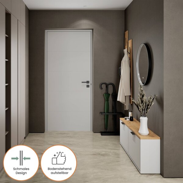 Schuhschrank STIVIO 2x 1 Klappe Weiß Grau 60 cm, LED Spiegel rund mit Rahmen 60 cm (3 Lichtstufen)