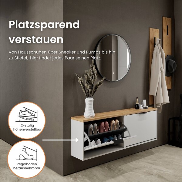 Schuhschrank STIVIO 2x 1 Klappe Weiß Grau 60 cm, LED Spiegel rund mit Rahmen 60 cm (3 Lichtstufen)