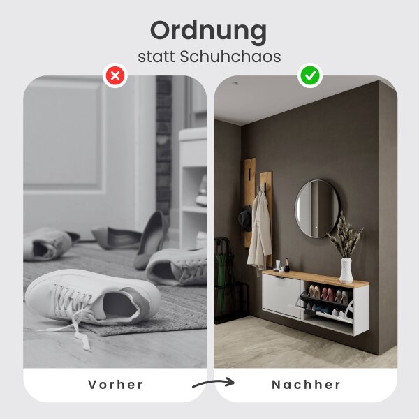 Schuhschrank STIVIO 2x 1 Klappe Weiß Grau 60 cm, LED Spiegel rund mit Rahmen 60 cm (3 Lichtstufen)