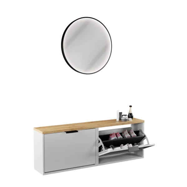 Armario para zapatos STIVIO, 2 puertas abatibles, blanco y gris, 60 cm; espejo redondo con LED y marco, 60 cm (3 intensidades de luz)