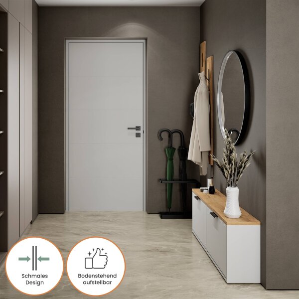 Schuhschrank STIVIO 2x 1 Klappe Weiß Grau 60 cm, LED Spiegel rund mit Rahmen 80 cm (3 Lichtstufen)