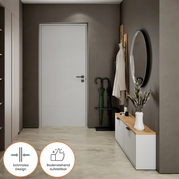 Scapolo per scarpe STIVIO 2x 1 anta, bianco-grigio, 60 cm; specchio rotondo con cornice e illuminazione a LED, 80 cm (3 livelli di luminosità)
