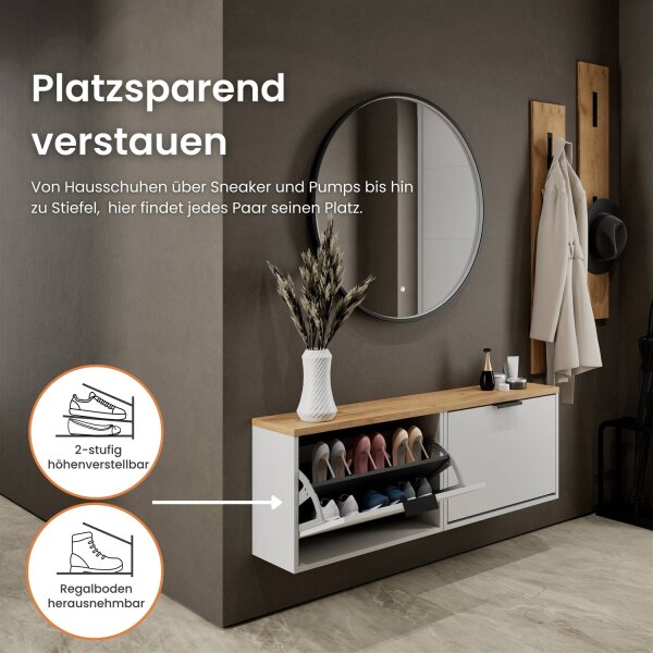 Schuhschrank STIVIO 2x 1 Klappe Weiß Grau 60 cm, LED Spiegel rund mit Rahmen 80 cm (3 Lichtstufen)