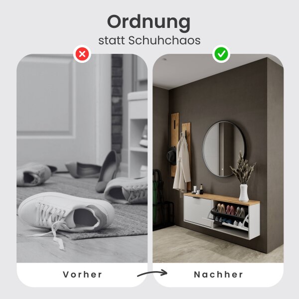 Schuhschrank STIVIO 2x 1 Klappe Weiß Grau 60 cm, LED Spiegel rund mit Rahmen 80 cm (3 Lichtstufen)