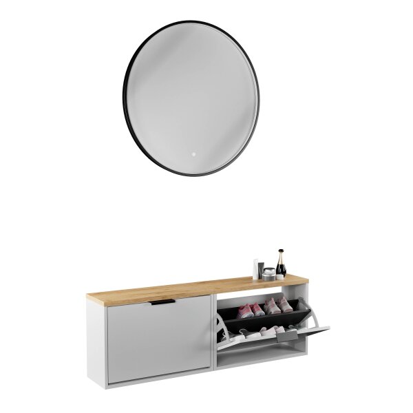 Schuhschrank STIVIO 2x 1 Klappe Weiß Grau 60 cm, LED Spiegel rund mit Rahmen 80 cm (3 Lichtstufen)