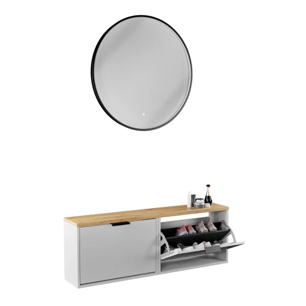 Scapolo per scarpe STIVIO 2x 1 anta, bianco-grigio, 60 cm; specchio rotondo con cornice e illuminazione a LED, 80 cm (3 livelli di luminosità)