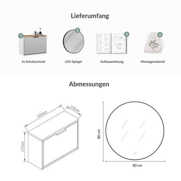 Schuhschrank STIVIO 2x 1 Klappe Weiß Grau 60 cm, LED Spiegel rund mit Rahmen 80 cm (3 Lichtstufen)